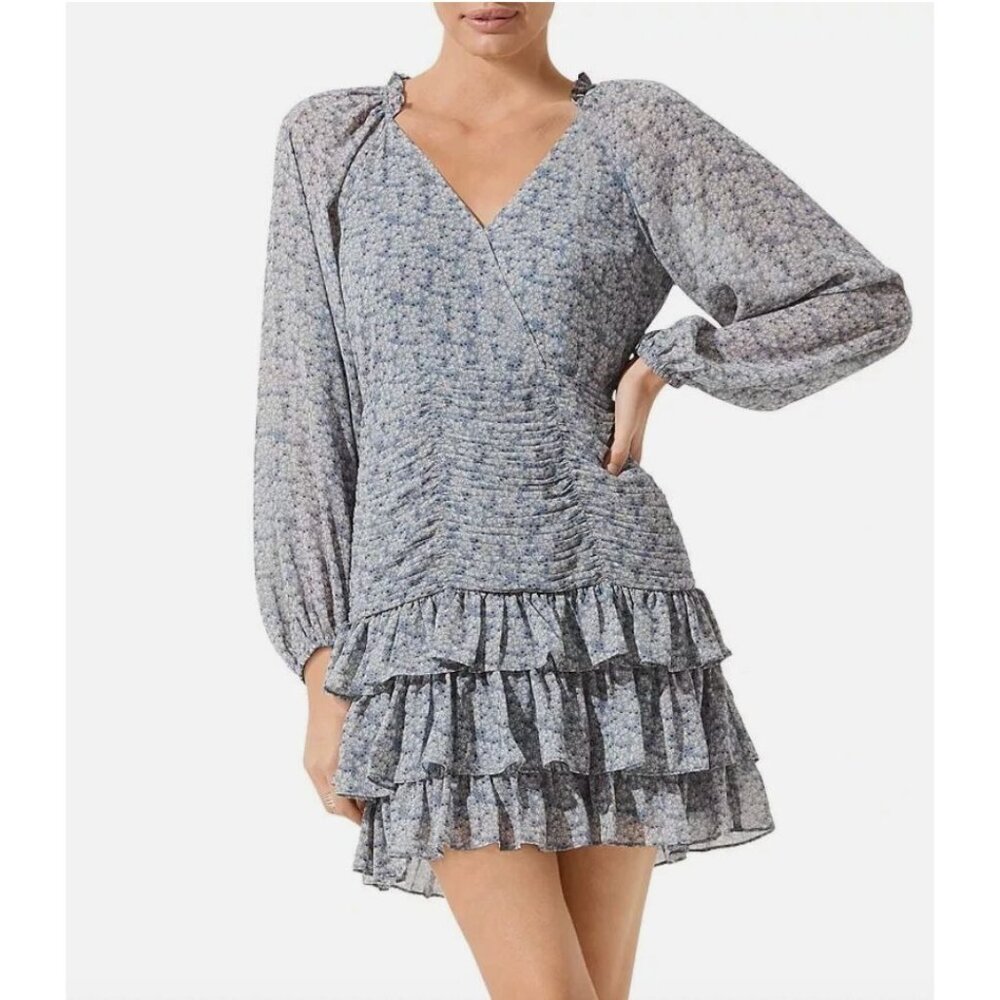 ASTR The Label Blue Floral Long Sleeve Ruffled Mini Dress Women's LARGE - Picture 8 of 11